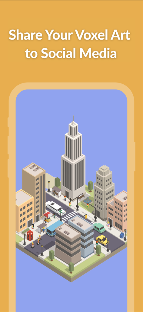 Eine detaillierte 3D-Voxel-Stadtszene auf einem mobilen Bildschirm mit einer Aufforderung, Kunstwerke in sozialen Medien zu teilen