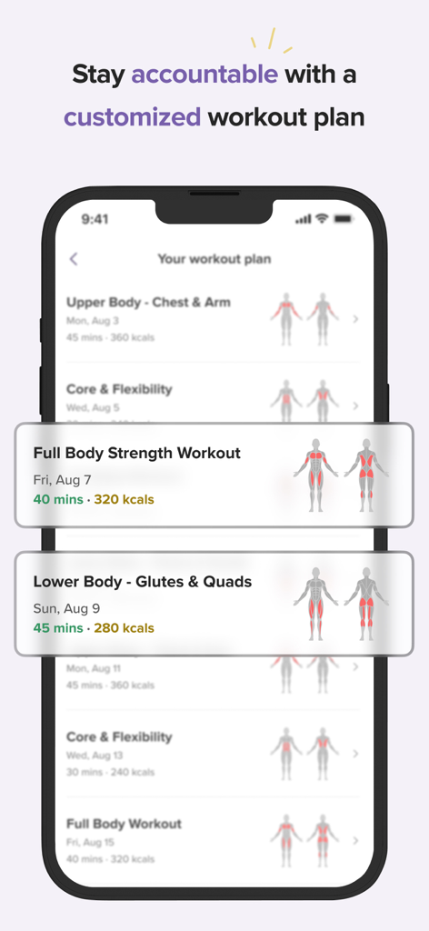 trainwell 앱에서 대상 근육 그룹이 강조 표시된 개인 맞춤형 주간 운동 일정을 표시하는 스마트폰 화면.