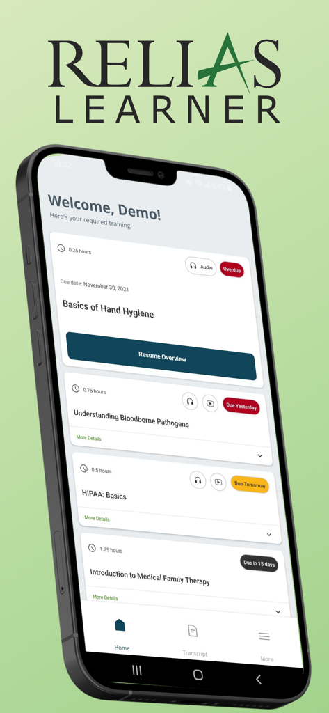 Dashboard der mobilen Relias Learner App, das obligatorische Schulungskurse im Gesundheitswesen mit Fälligkeitsdaten anzeigt