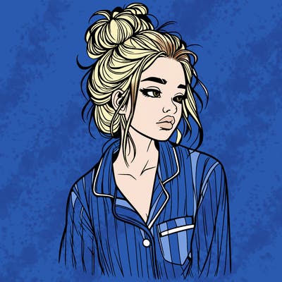 realistic woman with pajamas on and a messy bun