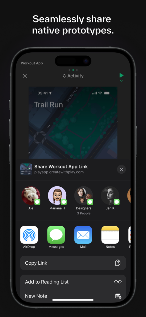 Play: Create Better Apps - iOS share sheet for sharing native app prototypes from the Play design tool