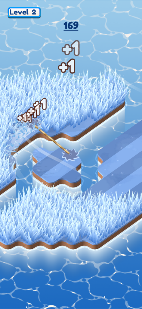 A circular saw blade cutting white grass on blue floating islands in the Grass Cut mobile game