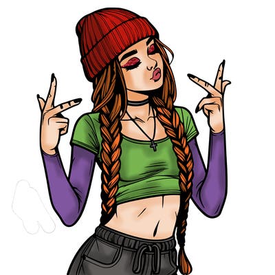 realistic teenage girl with braids and a beanie and crop top doing 🫶🏼