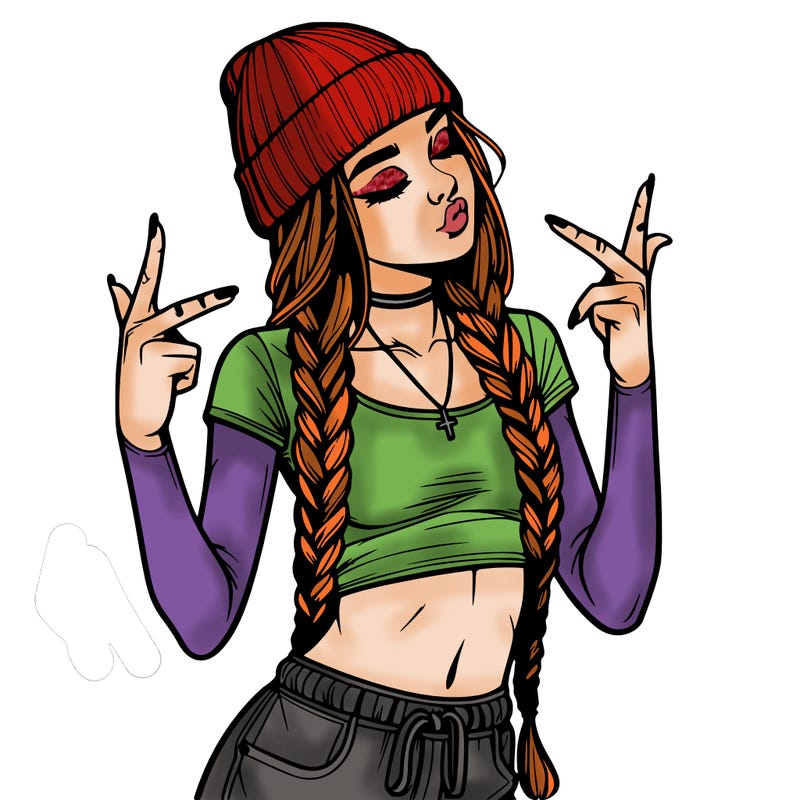realistic teenage girl with braids and a beanie and crop top doing 🫶🏼