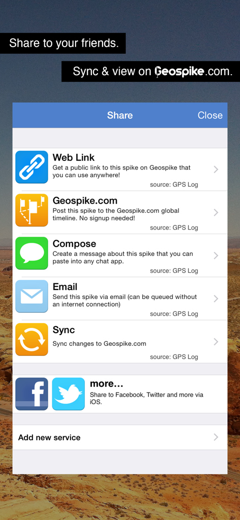 Uma captura de tela mostrando as opções de compartilhamento e sincronização no aplicativo GPS Log, incluindo ícones de link da web, e-mail e mídias sociais