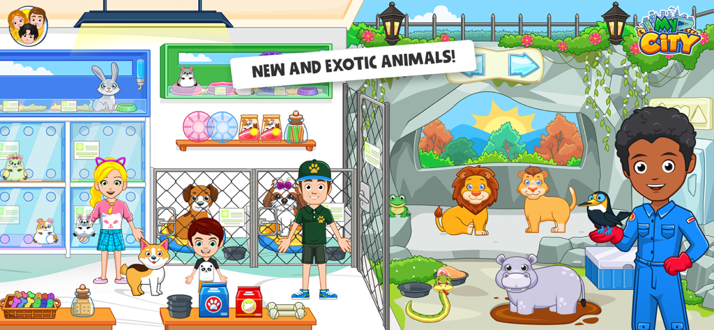 My City: Animal Care Shelter - A scene from My City Animal Care Shelter showing characters interacting with domestic pets and exotic animals like lions and hippos.