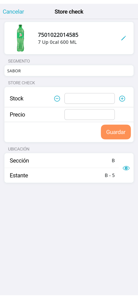 OPENCatman - Interface of the OPENCatman app showing a product store check with fields for stock price and shelf location