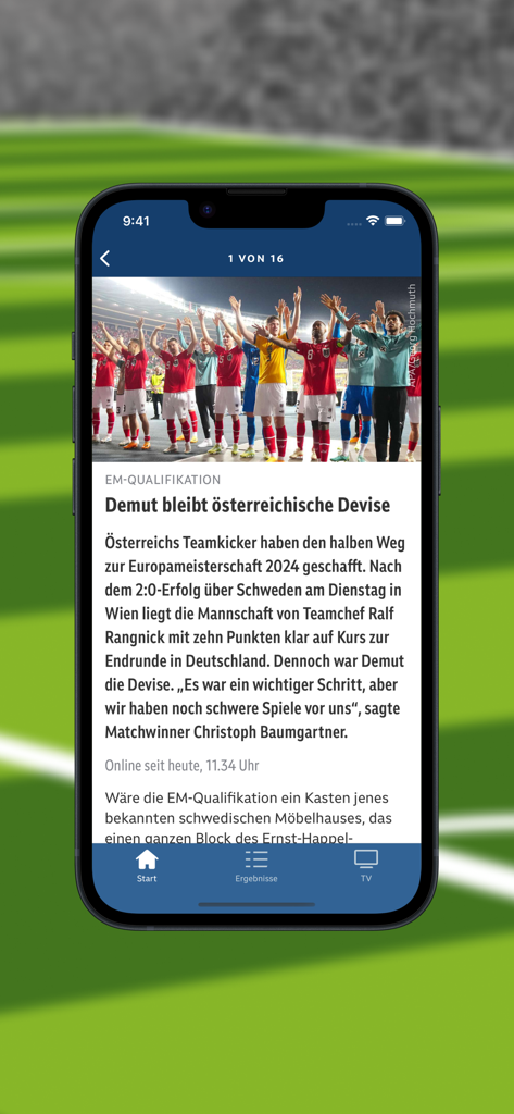 ORF Fußball app displaying a news article about the Austrian national football team with a photo of players celebrating.