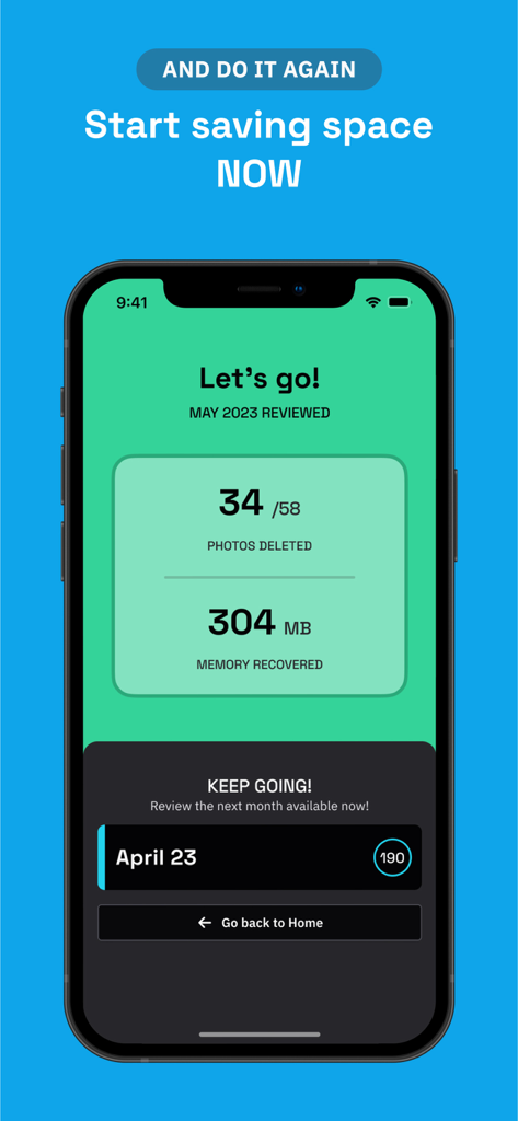 Swipe Delete: Photo Declutter - Captura de pantalla del iPhone mostrando un resumen de revisión mensual con 34 fotos eliminadas y 304 MB de almacenamiento recuperado