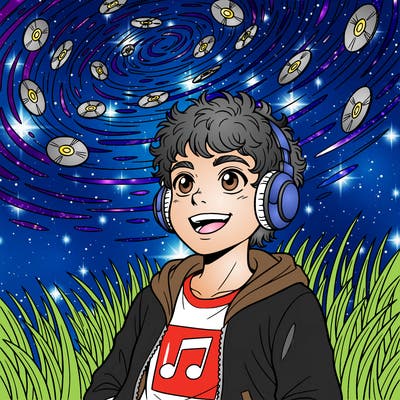 a boy with headphones on and a zip up hoodie with a graphic tee under laying on a grass field looking up at the galaxy with cds as stars and the galaxy behind them. the boy has messy curly hair with big eyes and a nice smile.