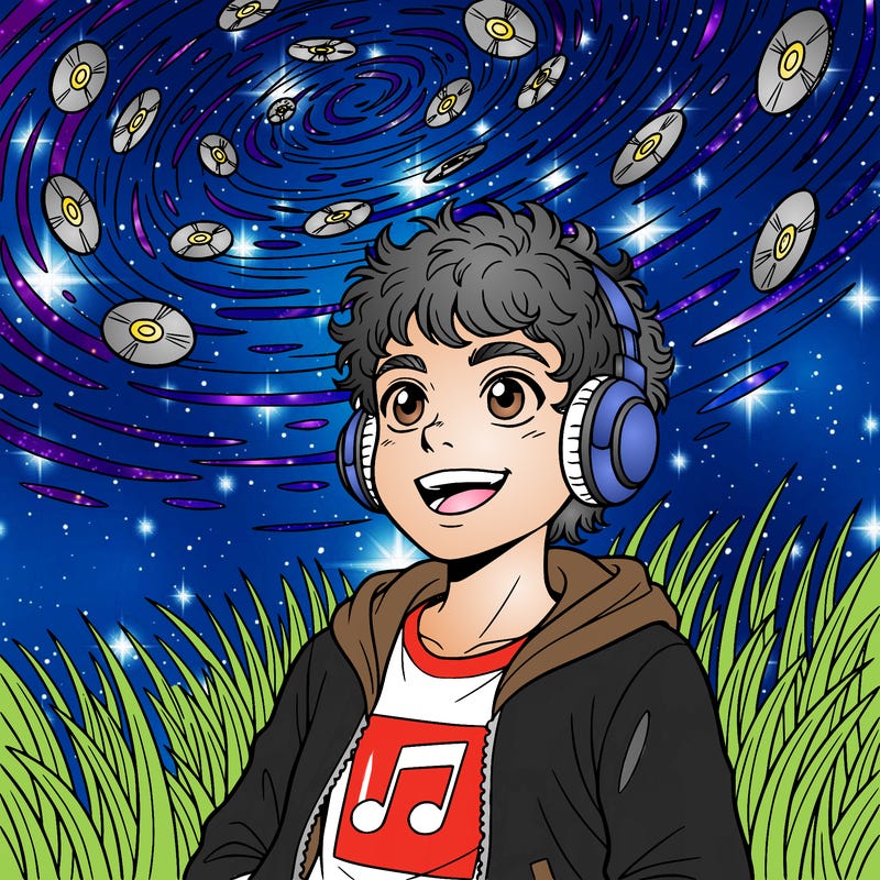 a boy with headphones on and a zip up hoodie with a graphic tee under laying on a grass field looking up at the galaxy with cds as stars and the galaxy behind them. the boy has messy curly hair with big eyes and a nice smile.