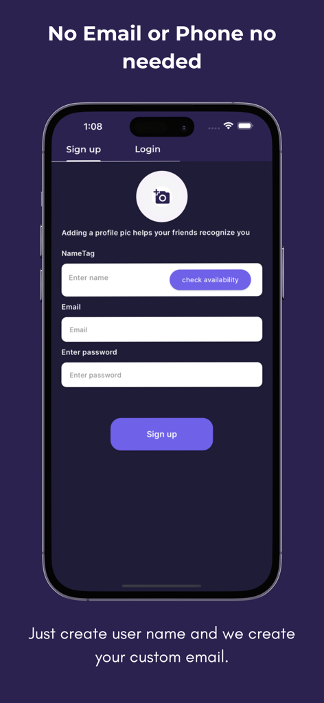 Écran d'inscription pour Secret Chat montrant la création de compte anonyme sans numéro de téléphone ni e-mail personnel
