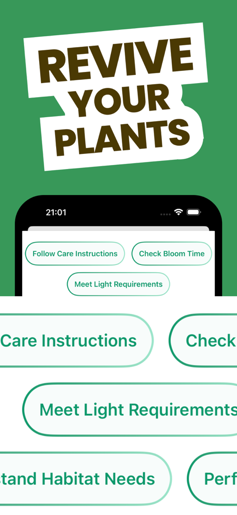 Free Plant Identifier - 植物のケア方法（光量要件や開花時期など）が「植物を元気に」という見出しの下に表示されているモバイルアプリのインターフェース。