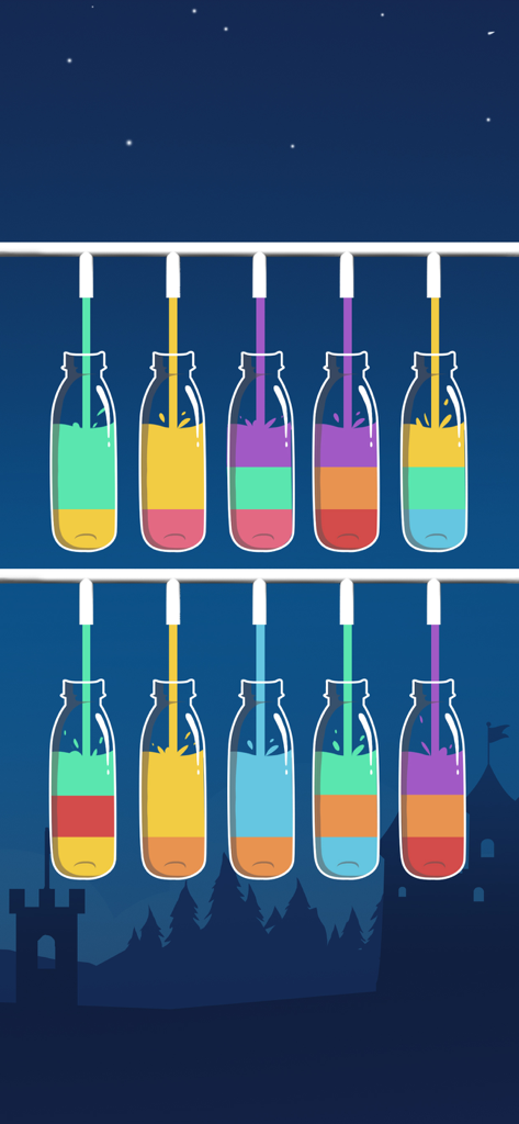 Water Sort Puzzle - Water Sort Puzzleのゲームプレイ画面で、ガラス瓶に着色された液体が注がれている様子