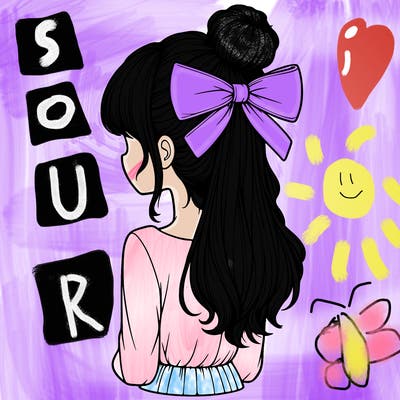 realistic girl  with hip length hair a bun and a big bow on the back of head