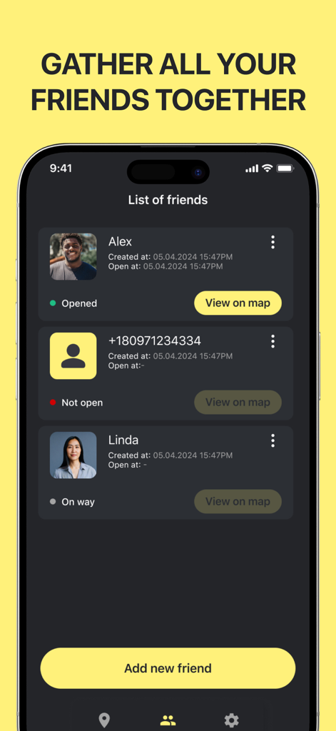 Phone Tracker - Find my Friend - Panel de la aplicación Rastreador de Teléfono mostrando una lista de amigos y su estado de ubicación en tiempo real