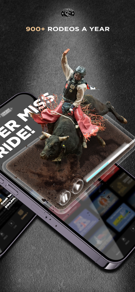 Pantalla de teléfono inteligente mostrando un evento de monta de toros en vivo en la aplicación Cowboy Channel Plus