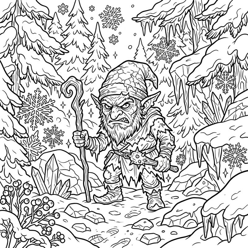 Journey into a frosty fantasy world with this unique Redcap goblin coloring page. Experience the thrill of bringing a mythical, malevolent creature to life amidst a beautiful winter wonderland scene.