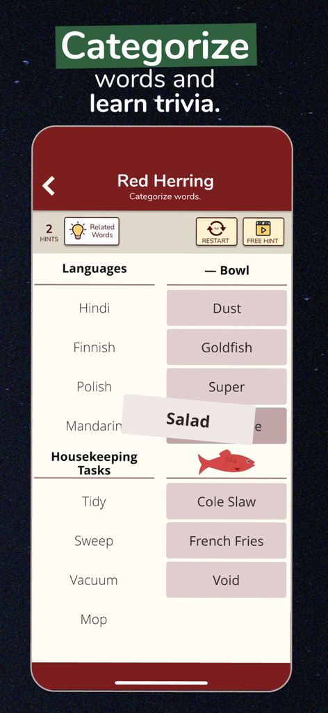 Gameplay of the Red Herring word categorization puzzle in the 7 Little Words app