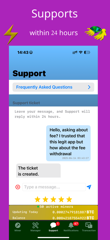 Bitcoin Mining - Crypto Miner - Support interface of the Bitcoin Mining app showing a customer chat regarding withdrawal fees.