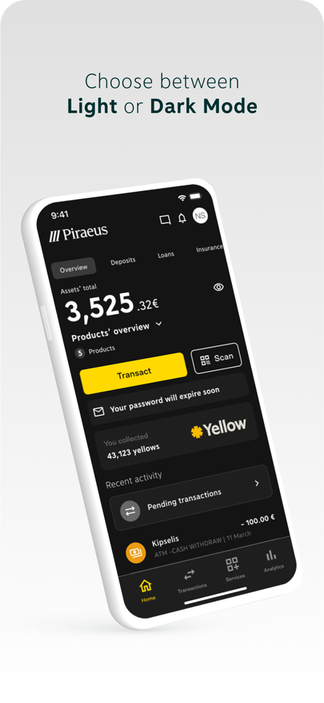 Piraeus app - Piraeus bank app dashboard displaying account balance and financial services in dark mode interface