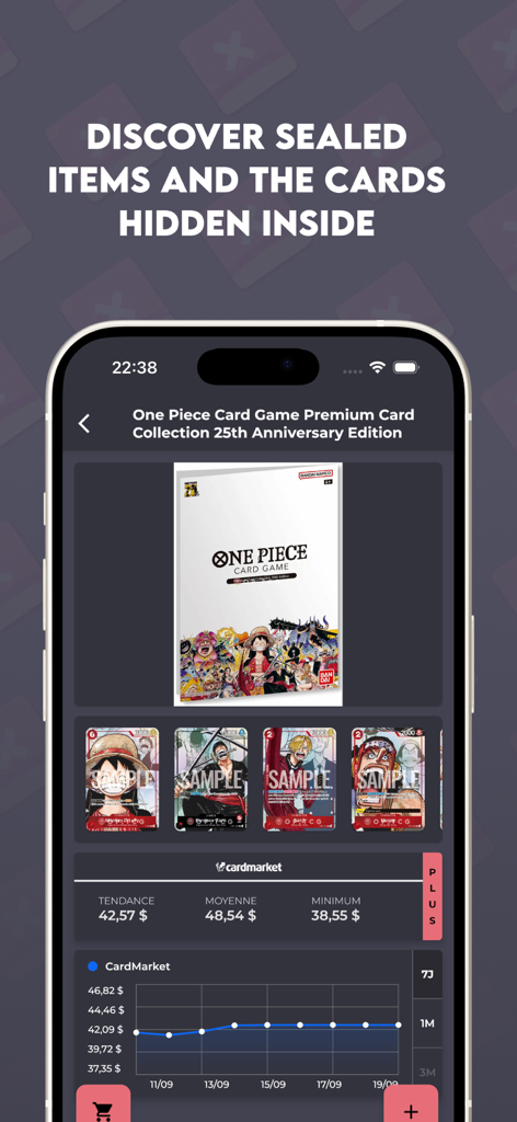 OP.TCG - One Piece TCG app showing sealed collection contents and price tracking