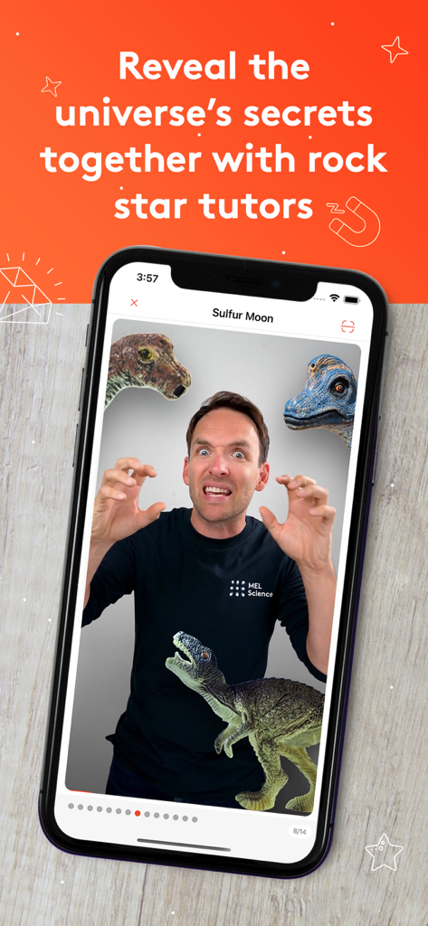 Un tutor de ciencias presenta una lección sobre dinosaurios en la pantalla de un smartphone en la aplicación MEL Science.