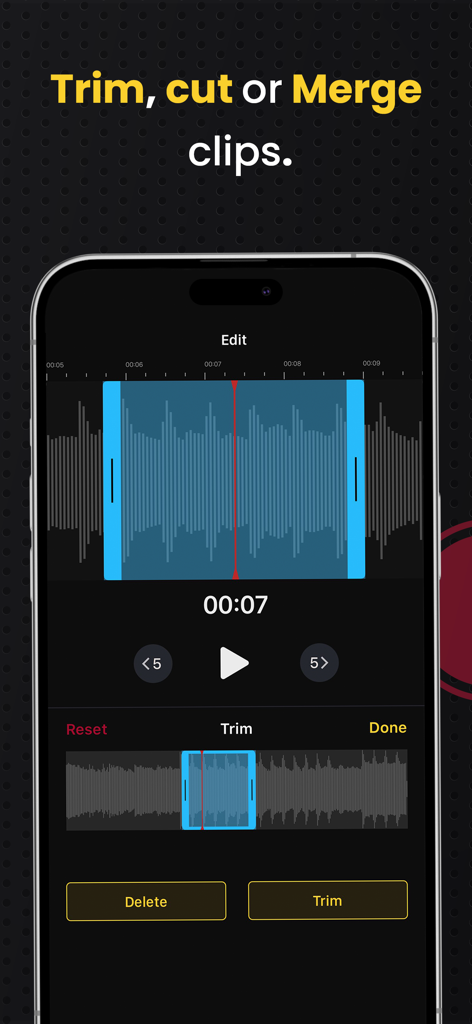 AudiOn: Voice Recorder & Memos - Interface de l'application AudiOn pour couper, découper et fusionner des clips audio à l'aide d'un éditeur de forme d'onde.