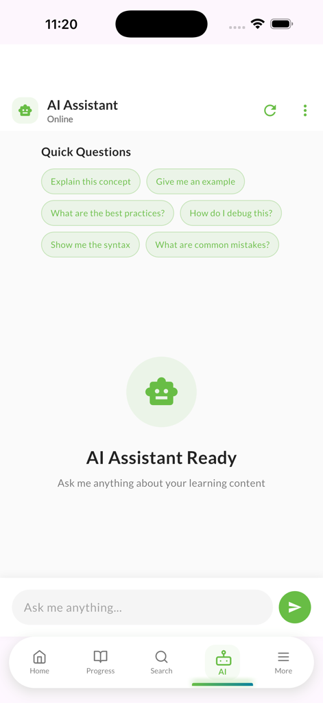 KI-Assistenten-Oberfläche für Java- und Spring-Coding-Hilfe mit Schaltflächen für schnelle Fragen