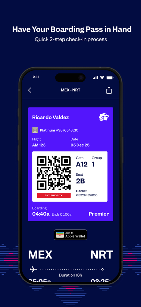 Aeroméxico - Aeromexico app screen showing a digital boarding pass with flight info and QR code