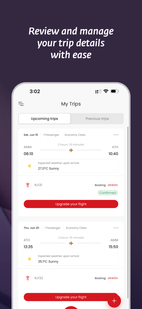 Royal Jordanian Airlines - 로열 요르단 항공 앱, 예정된 항공편 정보, 목적지 날씨 및 업그레이드 옵션이 있는 '내 여행' 화면 표시.