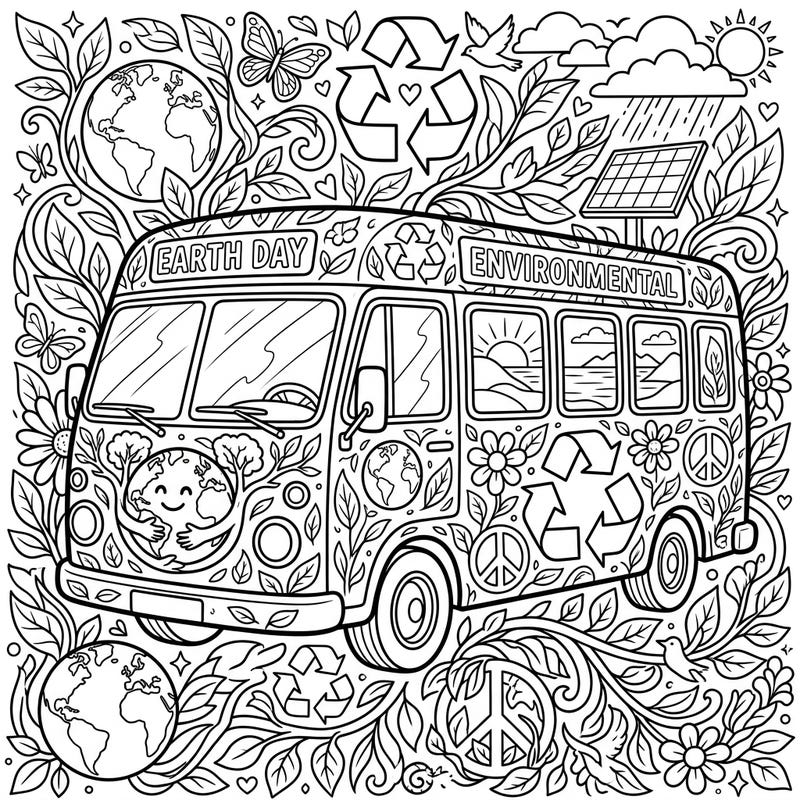 Ignite your creativity with this eco-conscious mini bus coloring page, perfectly designed for teens. It's a detailed artistic journey through environmental themes, ideal for celebrating Earth Day.
