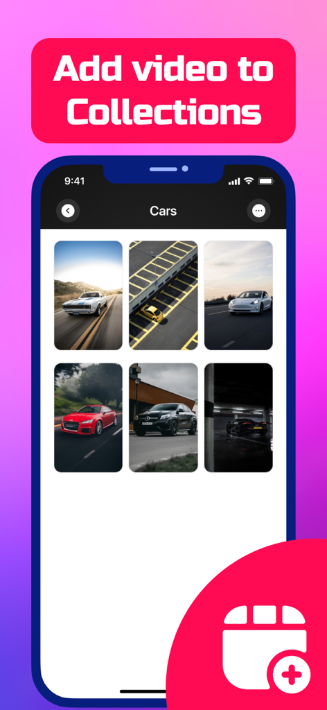 SaveTk - Save Videos - Interfaccia dell'app SaveTk che mostra una raccolta video salvata di auto con un'opzione per aggiungere altri video