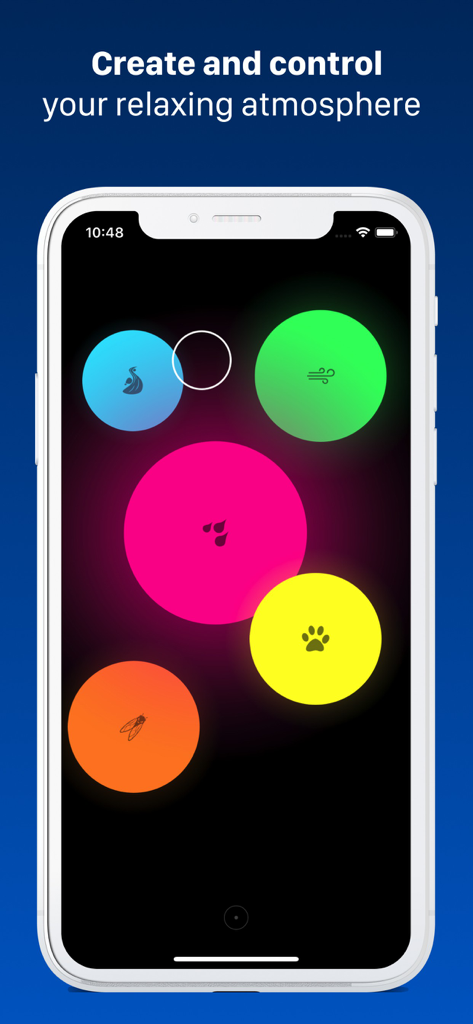TaoMix 2: Sleep Sounds & Focus - TaoMix 2 app interface featuring vibrant colored sound disks and a white cursor for creating custom relaxing atmospheres