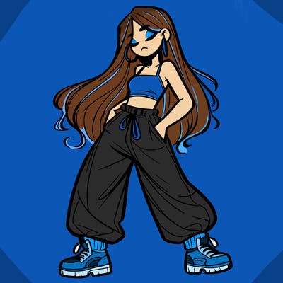 girl in baggy pants crop top and long hair