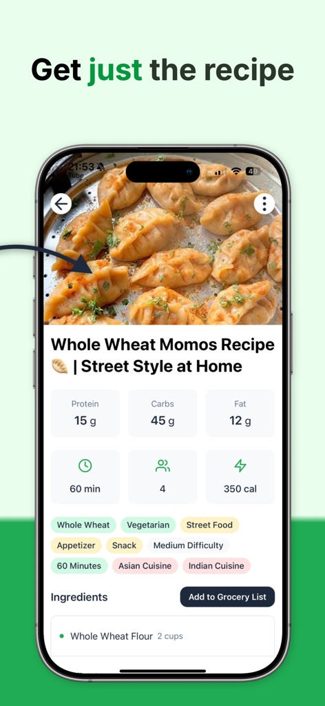 A screenshot of the Recipe One app showing a Whole Wheat Momos recipe with nutritional facts preparation time and category tags