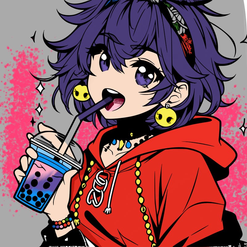 hot baddie anime girl drinking boba and biting the straw