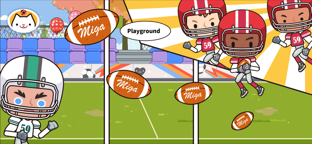 Miga Town: My School - Cartoon characters in football uniforms playing on a school playground field