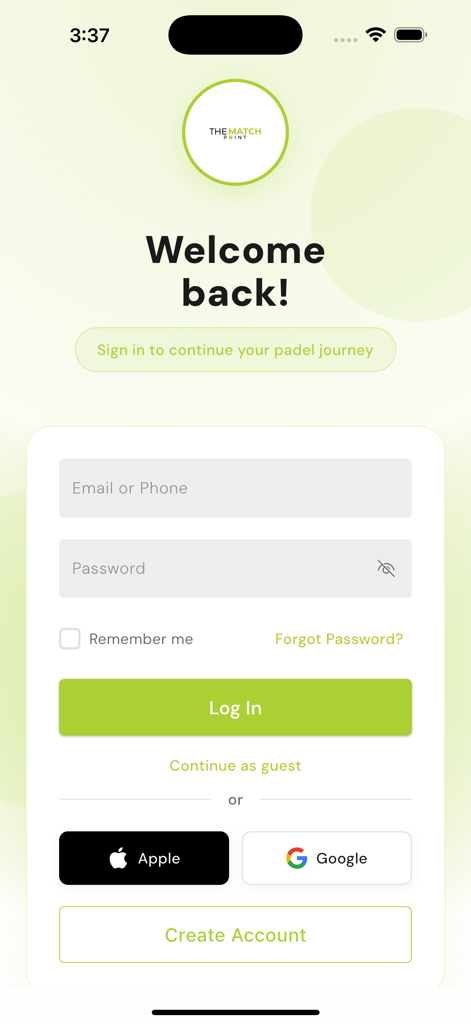 The Match Point PK - Pantalla de inicio de sesión de la aplicación The Match Point PK con opciones de inicio de sesión por correo electrónico y redes sociales