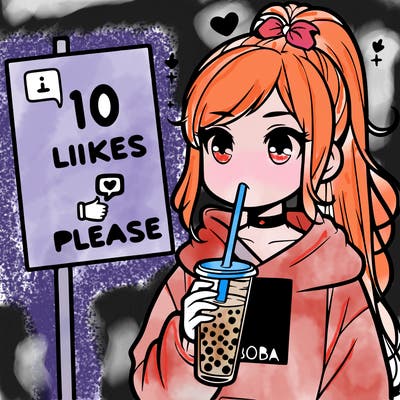 girl with a high ponytail and a hoodie drinking boba staring at a sign saying 10 likes please