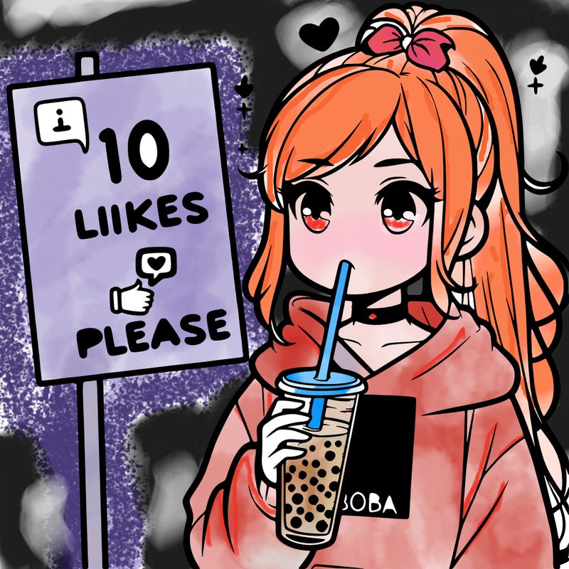 girl with a high ponytail and a hoodie drinking boba staring at a sign saying 10 likes please