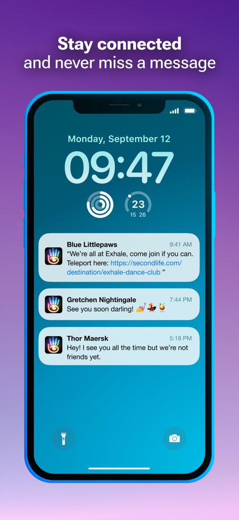 Second Life - iPhoneのロック画面に表示されるSecond Lifeモバイルアプリのソーシャル通知。