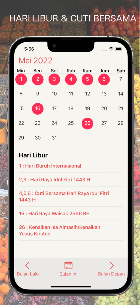 Kalender Indonesia 2026 - Screenshot of Kalender Indonesia app displaying May 2022 calendar with Indonesian national holidays and collective leave list.