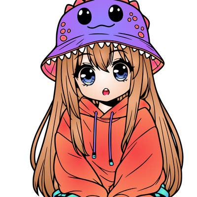 girl with anime shaped eyes with a dinosaur bucket hat oversized sweatshirt long straight hair