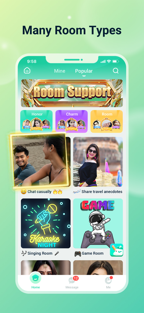 Hapi-Group Voice Chat - Hapi app screenshot showing various group voice chat room categories like Karaoke and Gaming