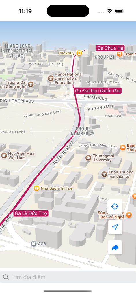 Metro Hanoi - Map view of Metro Hanoi app showing metro lines and station locations in Hanoi