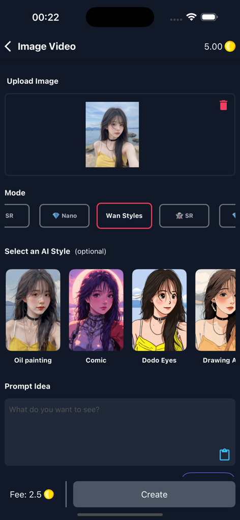 AI Artistic: Wan Video - Interface do aplicativo AI Artistic Wan Video mostrando opções de conversão de imagem para vídeo e vários estilos artísticos de IA como pintura a óleo e quadrinhos.
