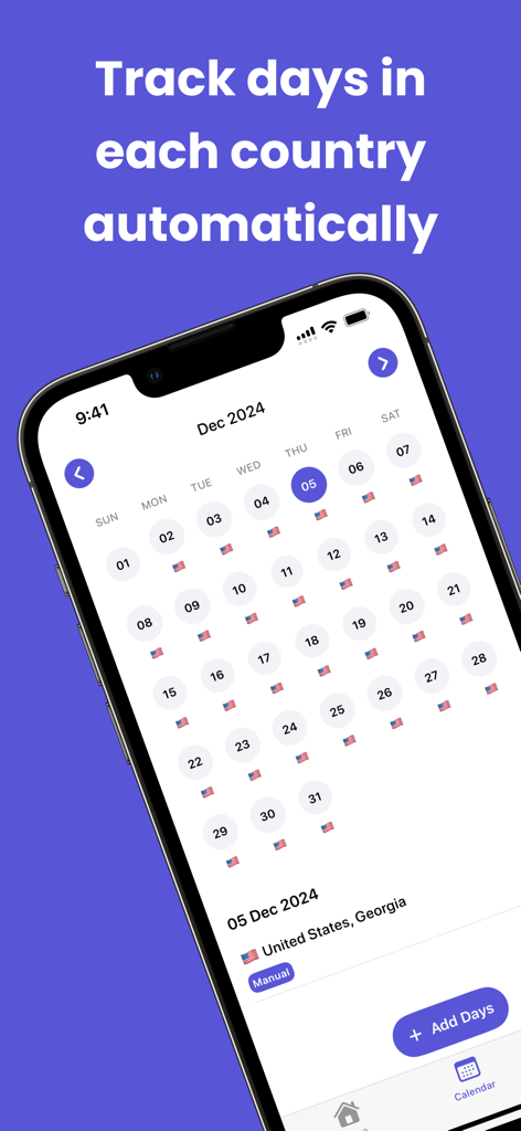 Places Been: Country Tracker - Calendar view of the Places Been app showing automatic travel tracking across the United States for visa and tax compliance.