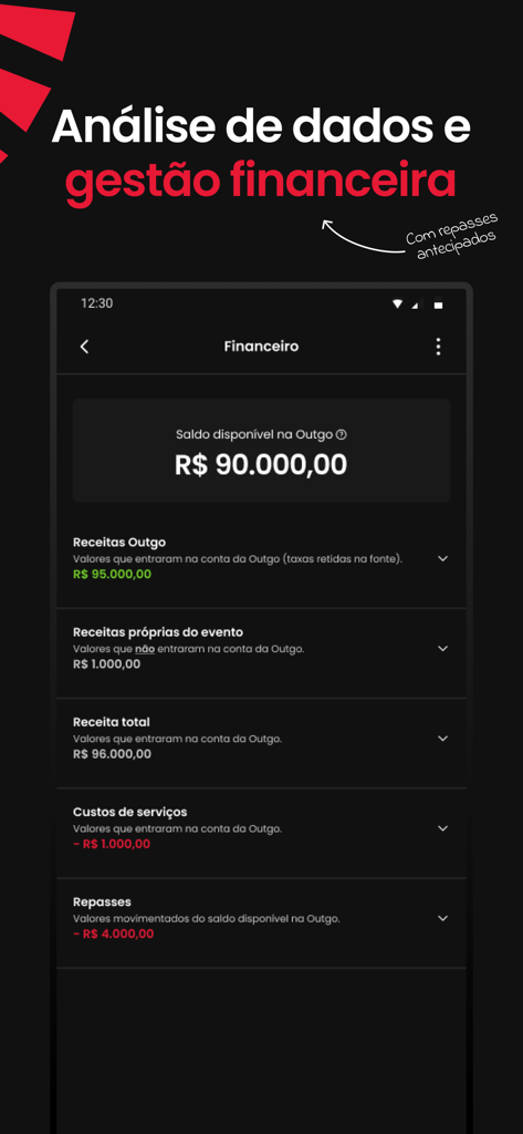 Painel financeiro do aplicativo Outgo mostrando receita do evento e detalhes de pagamento