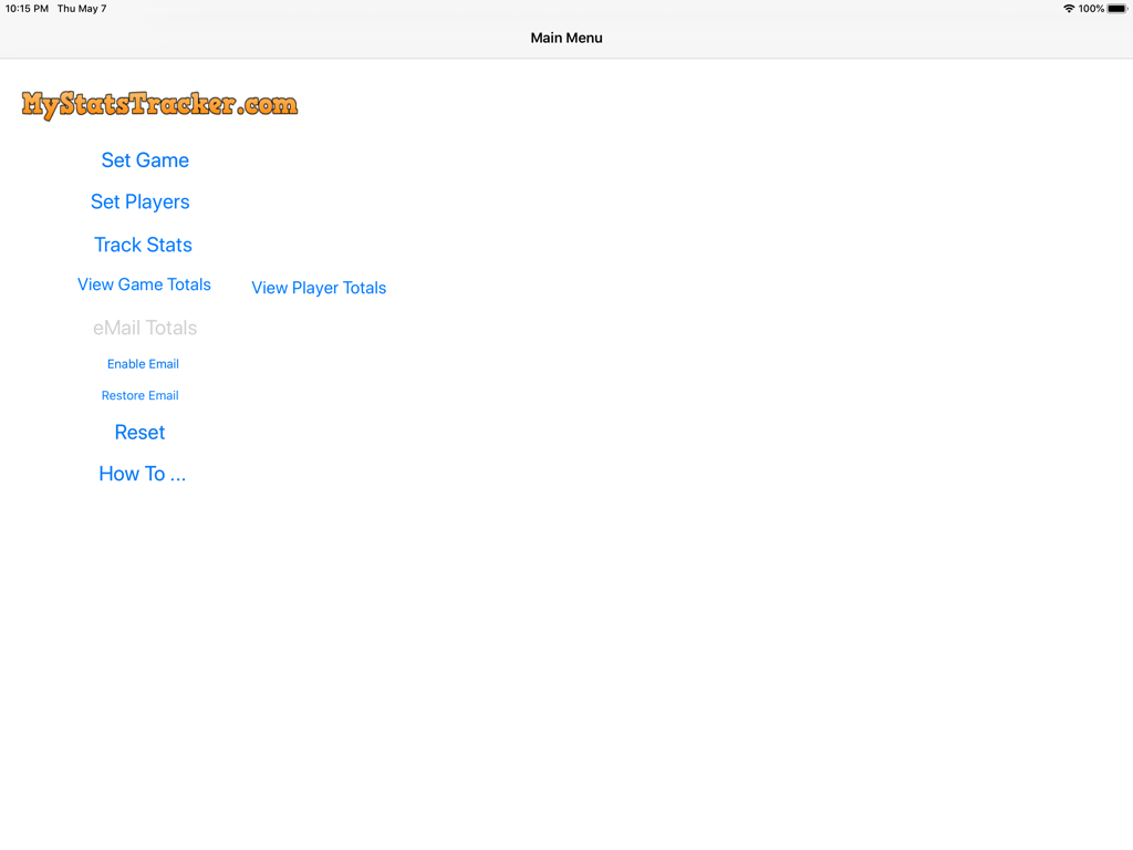 Hockey Stats Tracker - Main menu of the Hockey Stats Tracker app on an iPad with options for setting games players and tracking stats